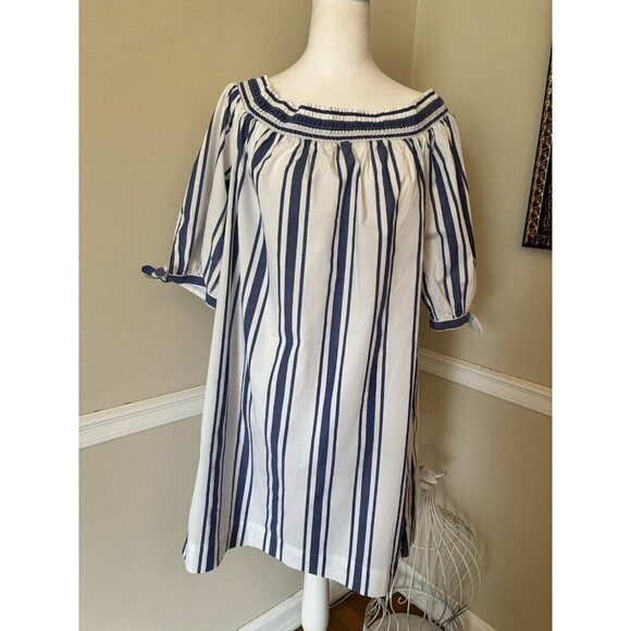 NWT Nautica Womens Size L White Blue Stripe Shift Dress Off Shoulder - Picture 1 of 6